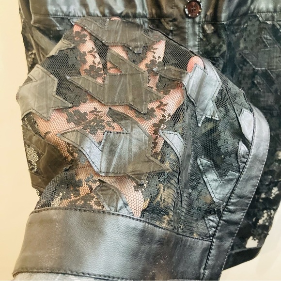 BETTY BARCLAY Sz 14 Knit Vegan Leather Houndstooth Floral Sheer Lace Long Jacket - Picture 5 of 14